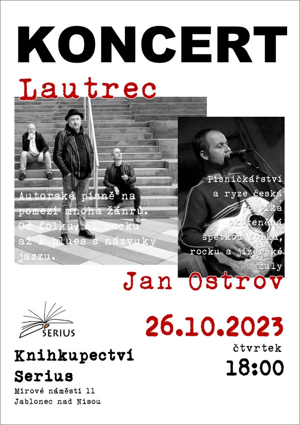 Koncert Lautrec & Jan Ostrov v knihkupectví Serius v Jablonci nad Nisou